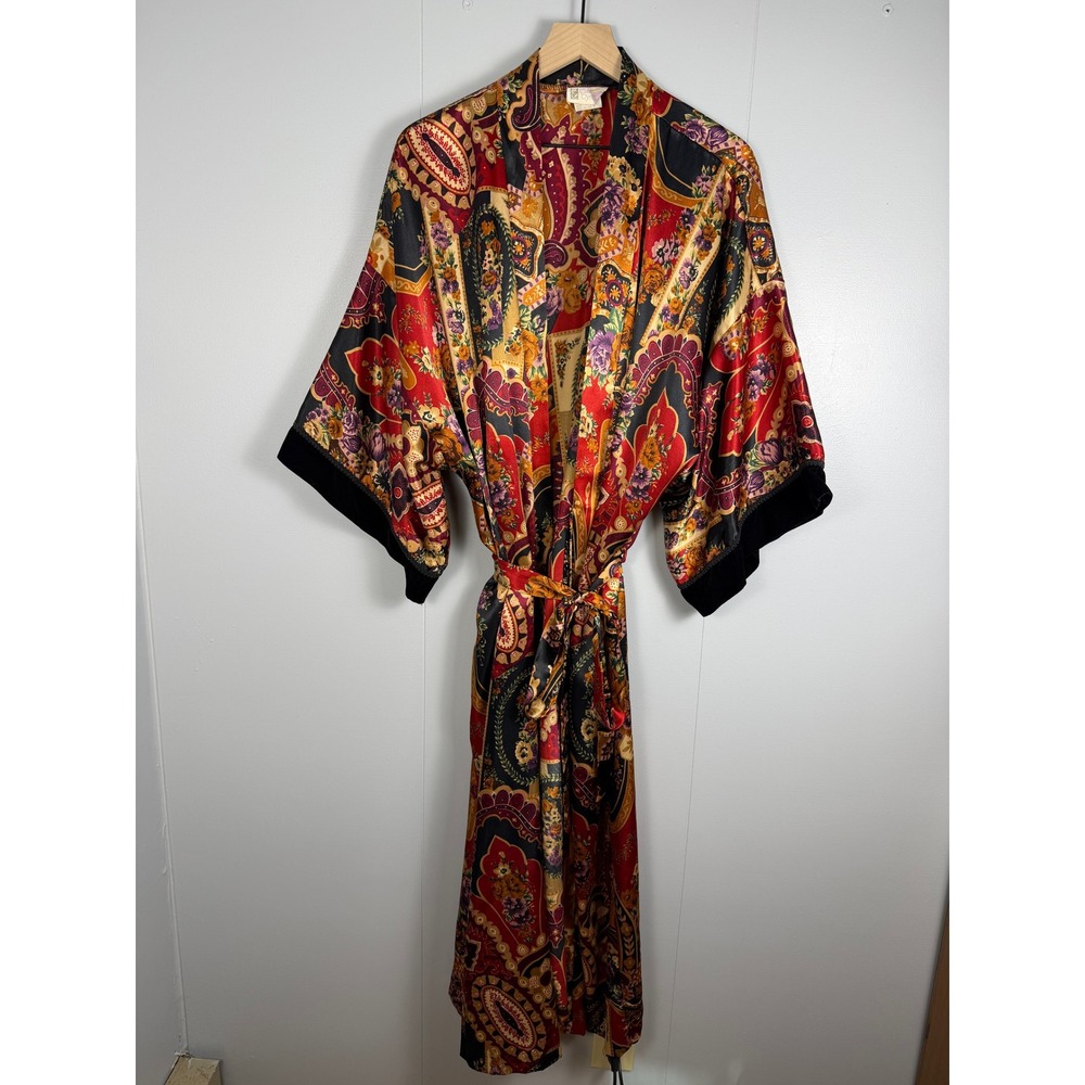 Vintage California Dynasty Robe Boho 80s Womens 3X Red Paisley Floral Velvet